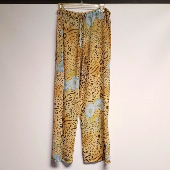 La Palapa Sheer Chifon Cheeta Blue Floral Print Beach Pants M - Picture 1 of 5